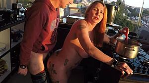 The sensual kitchen photoshoot turned into creampie sex with the assistant and her big tits.