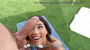 Tiny teen brunette takes monster cock doggystyle with tight pussy pounded poolside until cumshot