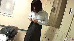 Slim Japanese Office Girl 18 in Uncensored Double Creampie MMF