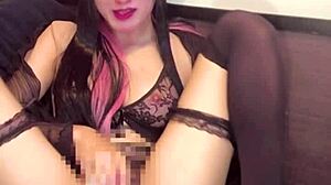 Cute Japanese crossdresser masturbates on live stream