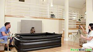 Naughty Big Tit Brunette Masseuse Films Herself Giving Wet Naked Nuru Massage to Seth Gamble and Gal Ritchie