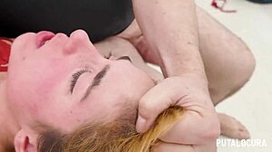 Bold interracial threesome with sexy slut Anita Satanita choking on big cock while bent over in rough doggystyle and cum swallow action