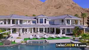 Topless swinger babes feel excited playing softcore sex games outdoors with the group