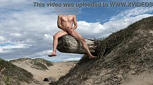 Nude posing leads to cock teasing at public beach with athletic fitness babe cumming in plaza