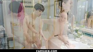 Hey Nikole Nash spots her stepbrother jerking off and jumps in with a wild handjob plus deepthroat action