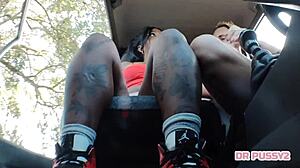 Squirting ebony rides huge cock in car with husband's best friend outdoors