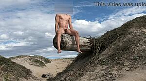 Nude posing leads to cock teasing at public beach with athletic fitness babe cumming in plaza