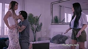 busty housewives get used by lucky stud at home with big tits and asses everywhere 😍