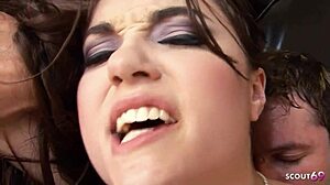 tall slim girl with perfect natural tits gets tight asshole fucked hard without condom then cum in mouth