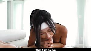 Thin Asian Honey Moon Contrasts With Fat White Cock Deep In Her Throat