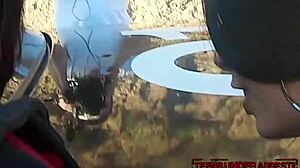 Young stunners get cuffed by police officer in office before riding big cock in rough cowgirl threesome outdoors