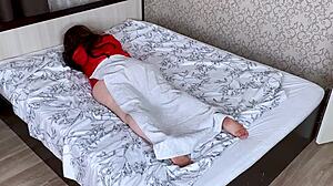 Big mature woman takes man in her bed for hardcore blowjob and anal with big natural tits.