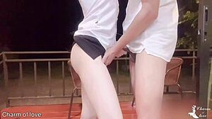 Teacher FUCKS Skinny Asian Female Student in Homemade DoggyStyle Creampie on Outdoor Balcony