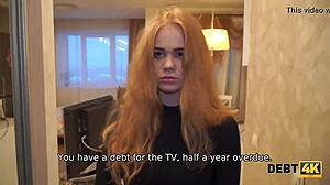 collector dominates adorable debtor's tender mouth and shaved pussy in rough debt collection