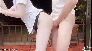 Teacher FUCKS Skinny Asian Female Student in Homemade DoggyStyle Creampie on Outdoor Balcony