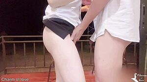 Teacher FUCKS Skinny Asian Female Student in Homemade DoggyStyle Creampie on Outdoor Balcony