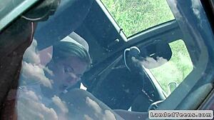 Czech blonde teen casually gives blowjob in car and fucks hitchhiker