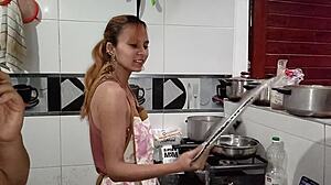 she got horny after cooking with music but i only filled her mouth with cum and left her dripping like a peruvian slut