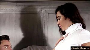 Teen babe with big tits sucks passionately in erotic fantasy roleplay. She bends over for doggystyle pounding in trimmed pussy.