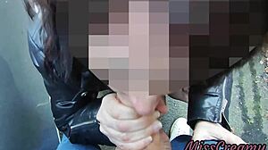 Dick flash on street leads to blowjob and cum in mouth with bystanders close for extreme voyeurism. Misscreamy handles the risky outdoor cfnm action.