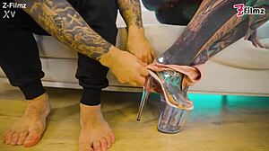 Tattooed pornstar filled with huge Italian cock from ass to mouth deepthroat gapes and covered in cum head to toe