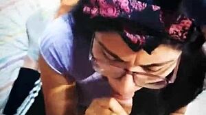 Brunette Latina Amateur Babe Gives Extreme Blowjob and Cum on Her Long Hair with Glasses