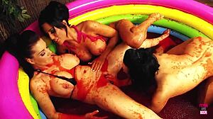 Three Nasty Lesbian Sluts Wrestle in Pool Filled with Jelly