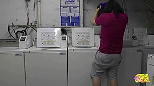 Emo Babe Initiates Strapon Fuck with Sexy Neighbor Girl in Laundry Shop Doggystyle