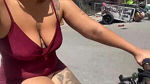 I rode my bike without panties and my pussy got all sweaty from flashing on the street