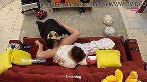 hot wife fucks delivery man on sofa!