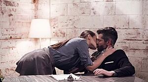 hot brunette with long legs rides her boss cock wildly 🔥