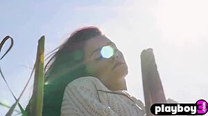 gorgeous brunette milf alexandra belle strips naked posing perfect body outdoors