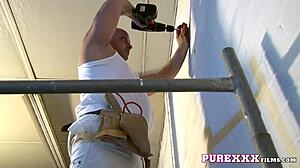 Busty milf secretary strips skirt fingering shaved pussy bent over in heels