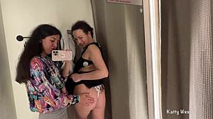 me n my horny brunette teen milf bitch kissin n fingering hairy pussies in public locker room taboo