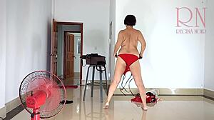 resort chick tries erotic lingerie stockings ripped clothes pantyhose bikini undressing