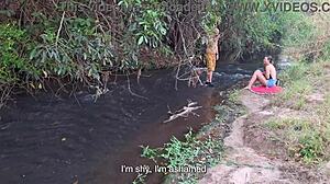 strangers rip clothes for wet pussy licking at the waterfall