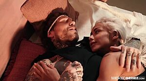 Shy petite blonde teen Veronica Leal deepthroats in passionate kissing scene