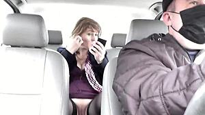 sexy blonde milf lifts skirt no panties for taxi driver pussy play and wet lips close-up