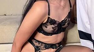 Holy shit this lingerie babe deepthroats cock while spanked!