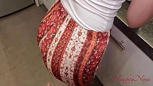 curvy blue eyed cleaning lady milf bends over for creampie tip in kitchen