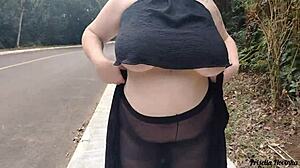 Priscila struts streets in see-through skirt no panties flashing big naturals