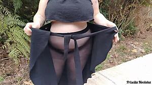 Priscila struts streets in see-through skirt no panties flashing big naturals