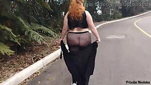 Priscila struts streets in see-through skirt no panties flashing big naturals