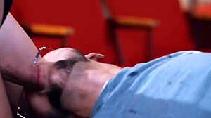 two busty shemales pound trans guy's pussy in cinema seats