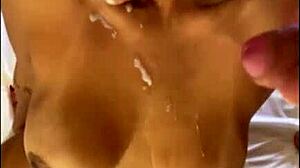 brazilian milf gets massive cumshot facial on her big tits