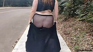 Priscila struts streets in see-through skirt no panties flashing big naturals