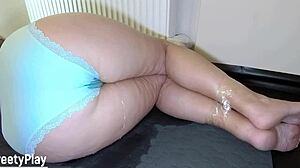 Desperate milf pees soaking wet panties!