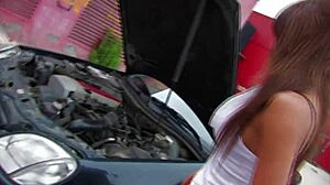 Fayna Vergara fingers shaved pussy in stockings outdoor anal tease