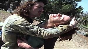 horny grunge couple, anal gaping in park with stockings and heels?