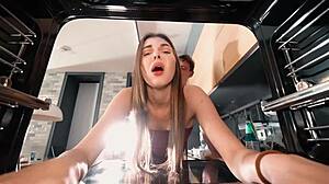 Long Legs Maid Alice Xo Cums Hard in Pussy and Ass Spooning Kitchen Orgasms!